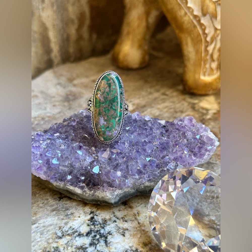 Silver Oval Copper Malachite Stone Ring